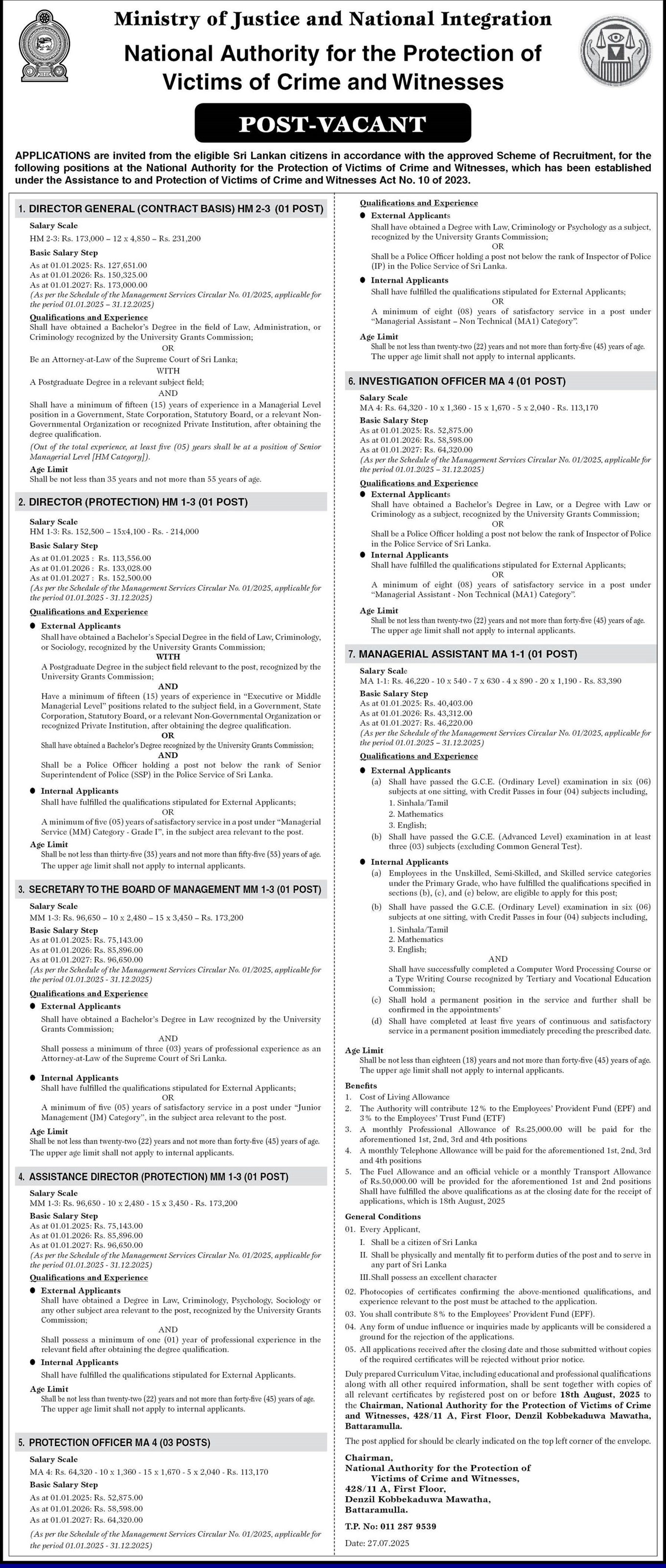 Management Assistant, Director General, Director, Secretary to the Board of Management, Assistant Director, Protection Officer, Investigation Officer - National Authority for the Protection of Victims of Crime & Witnesses