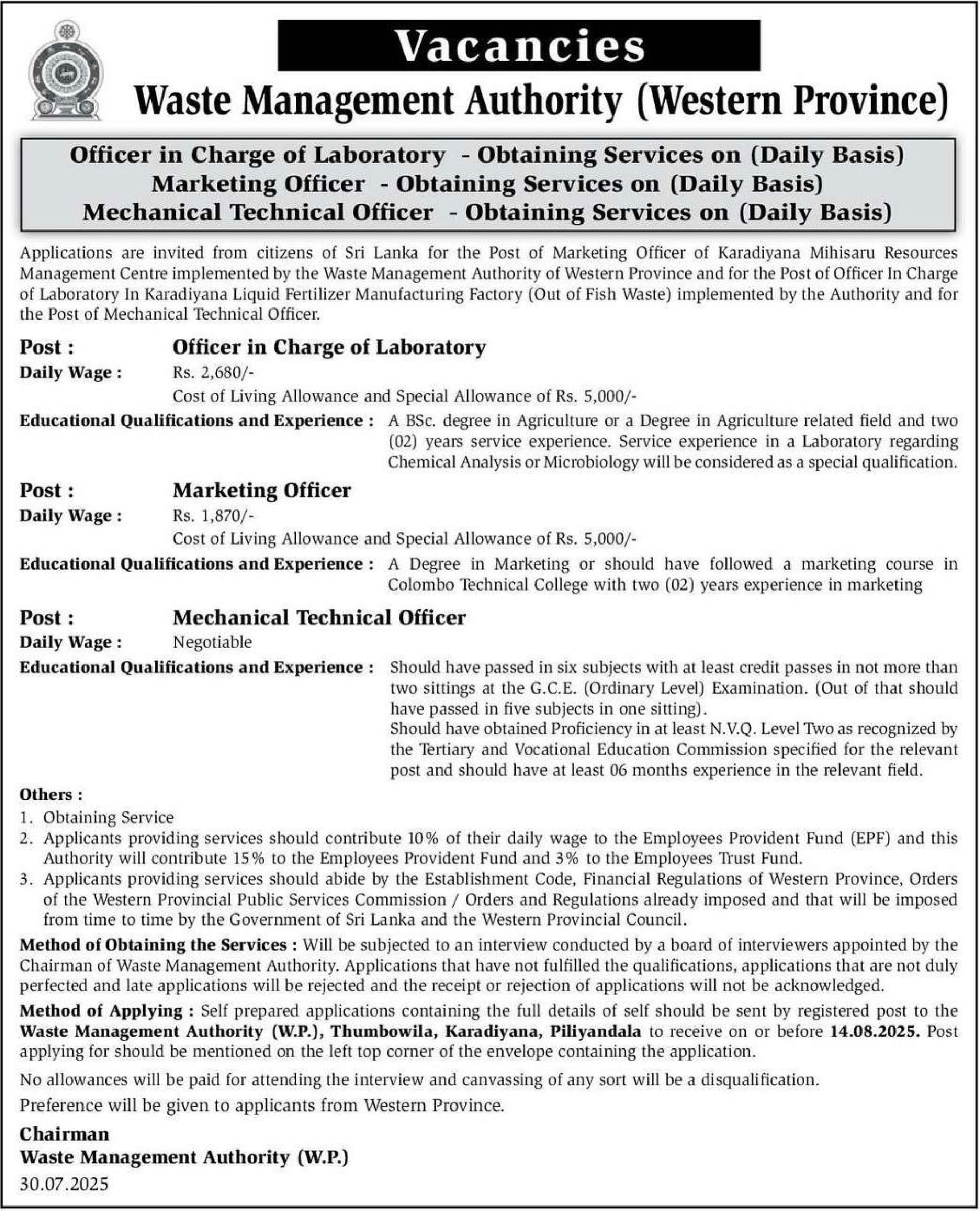Officer in Charge of Laboratory, Marketing Officer, Mechanical Officer - Waste Management Authority (Western Province)