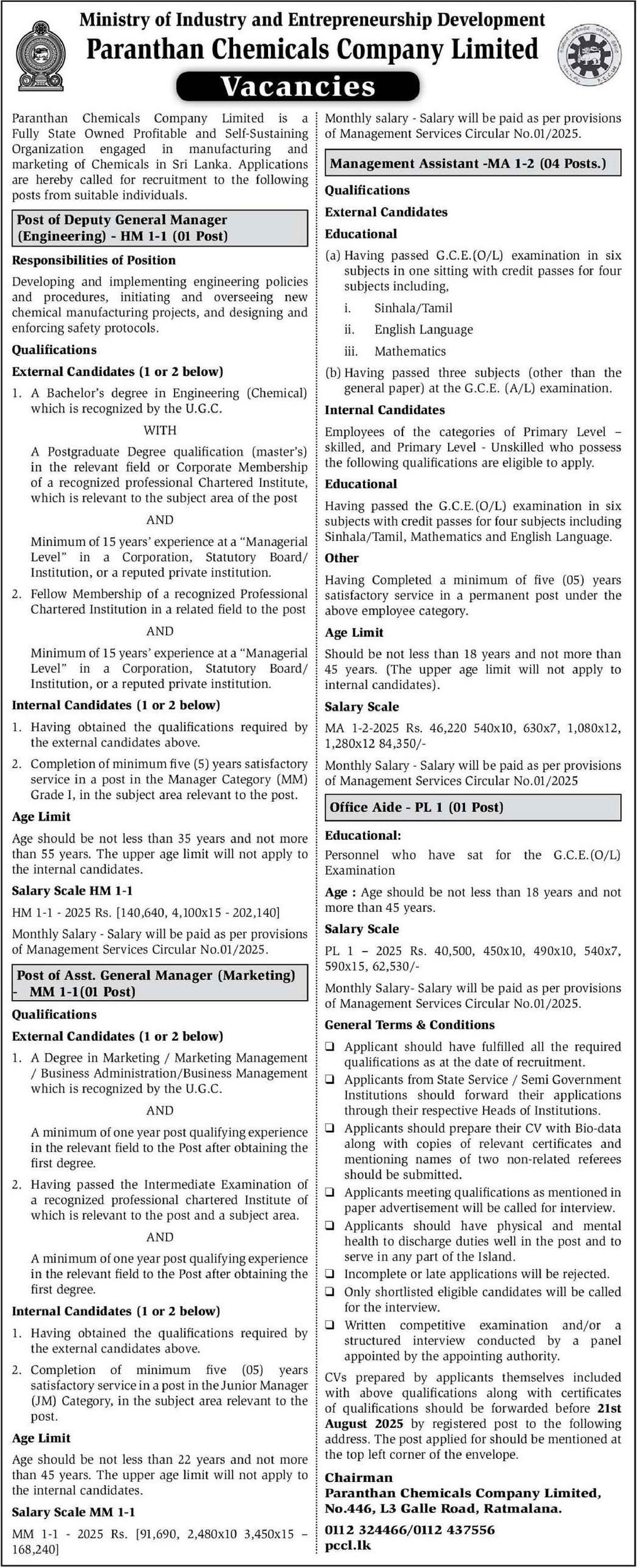 Management Assistant, Office Aide, Deputy General Manager, Assistant General Manager - Paranthan Chemicals Company Limited 