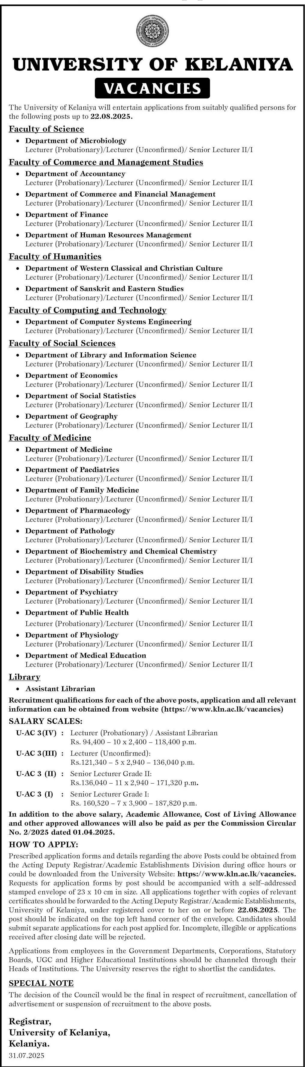 Lecturer, Senior Lecturer - University of Kelaniya