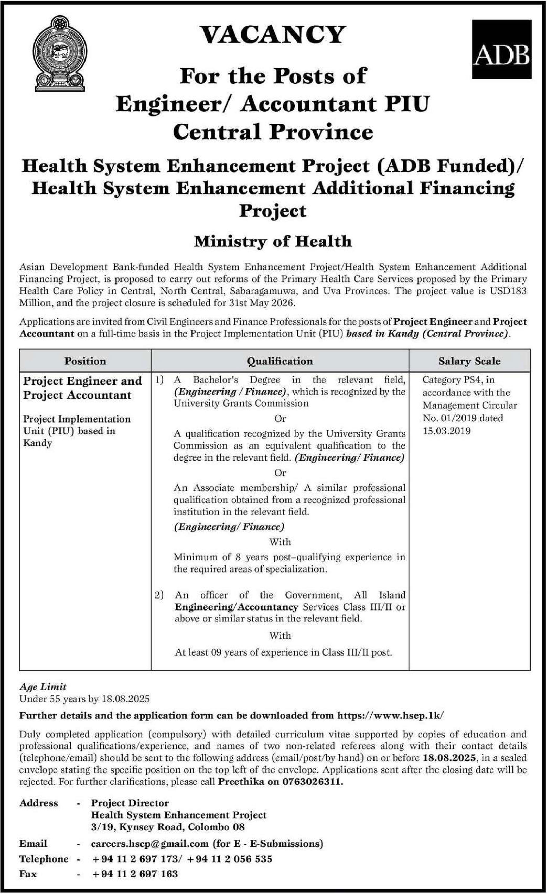 Project Engineer, Project Accountant - Health System Enhancement Project - Ministry of Health