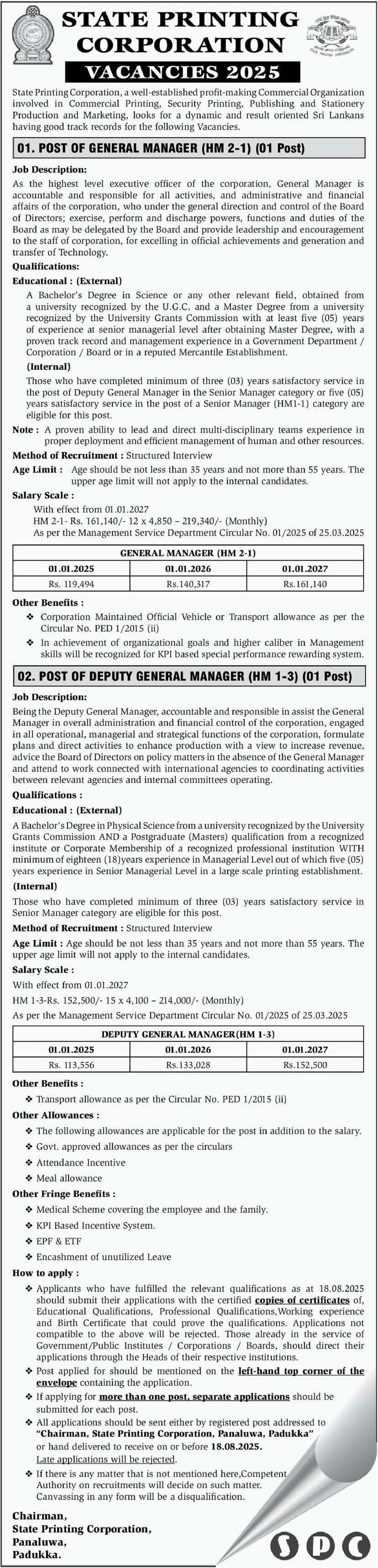 General Manager, Deputy General Manager - State Printing Corporation