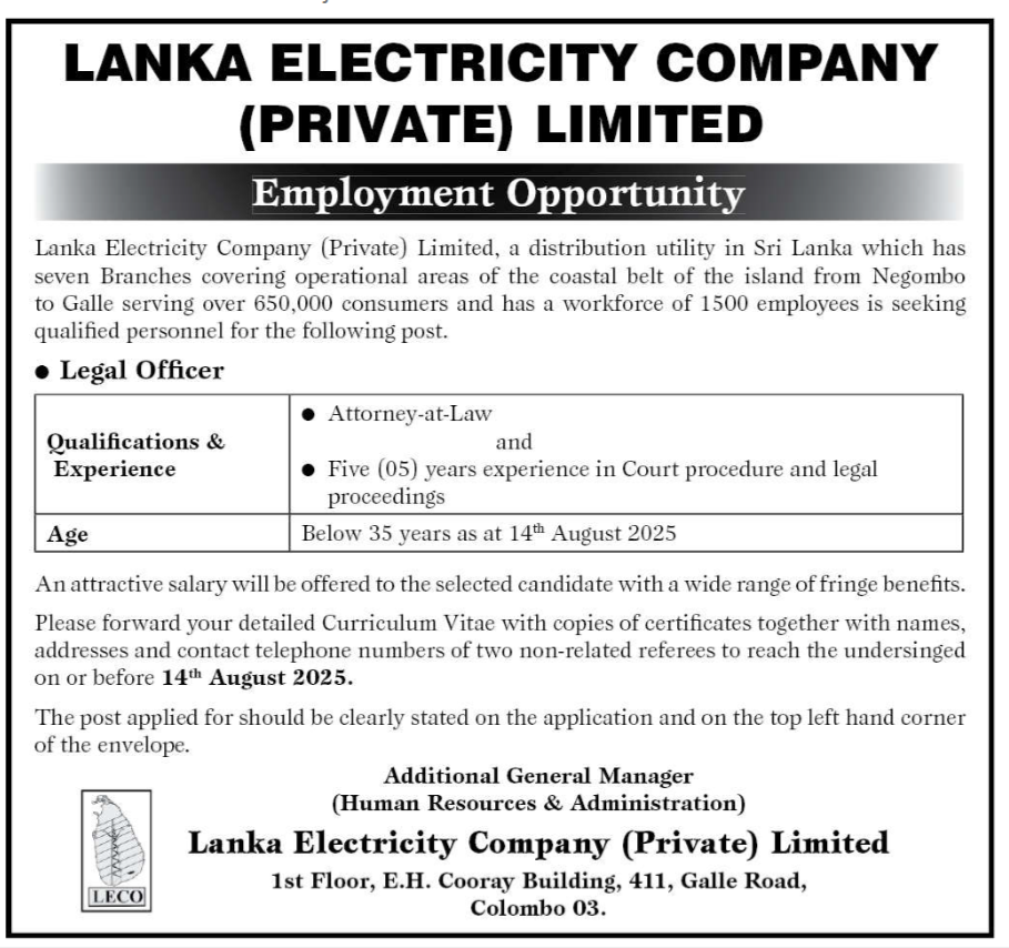 Legal Officer - Lanka Electricity Company (Private) Limited