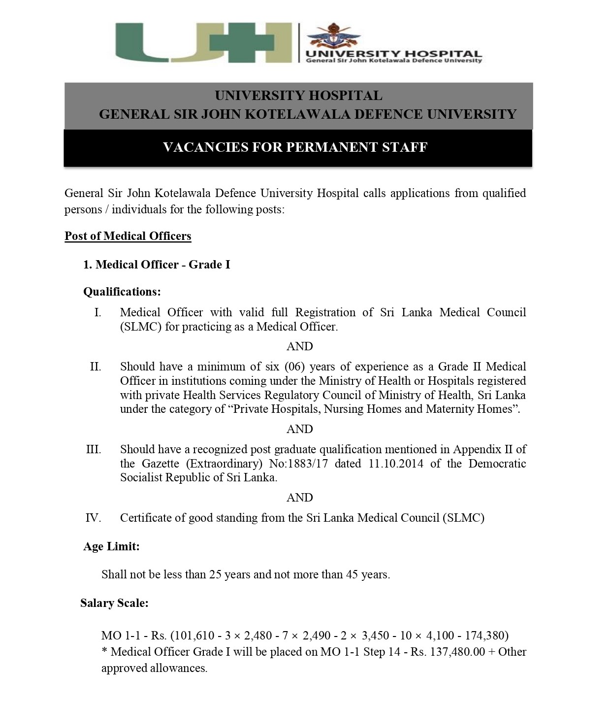 Medical Officer, Nursing Officer - University Hospital - General Sri John Kotelawala Defence University