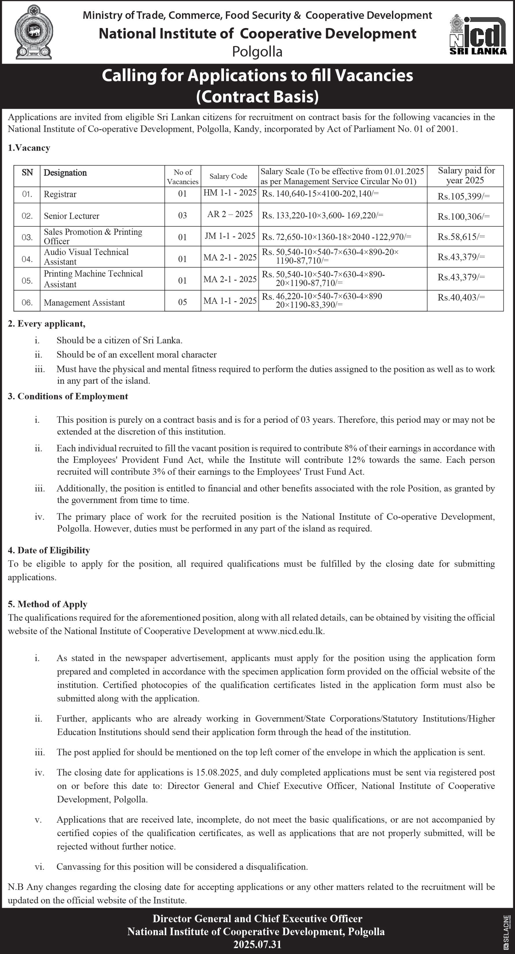 Management Assistant, Registrar, Senior Lecturer, Sales Promotion & Printing Officer, Audio Visual Technical Assistant, Printing Machine Technical Assistant - National Institute of Cooperative Development - Polgolla