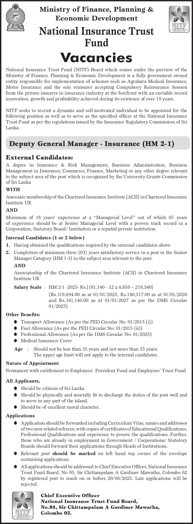 Deputy General Manager (Insurance) - National Insurance Trust Fund Board