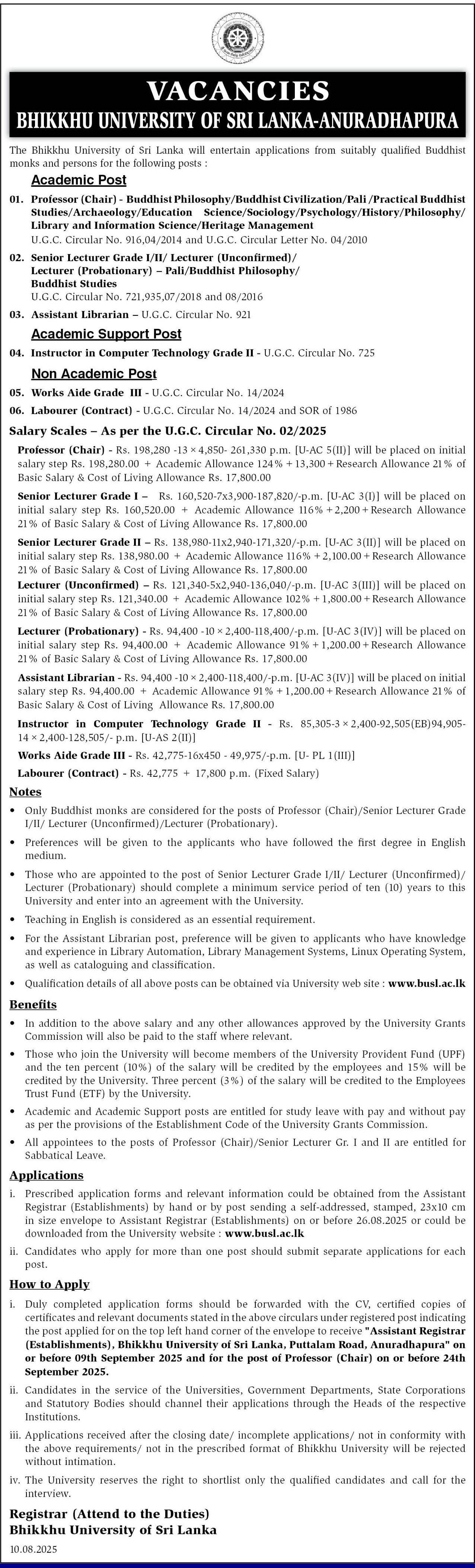 Professor, Senior Lecturer, Lecturer, Assistant Librarian, Instructor, Works Aide, Labourer - Bhikshu University of Sri Lanka