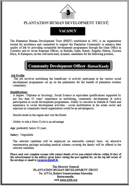 Community Development Officer - Plantation Human Development Trust 