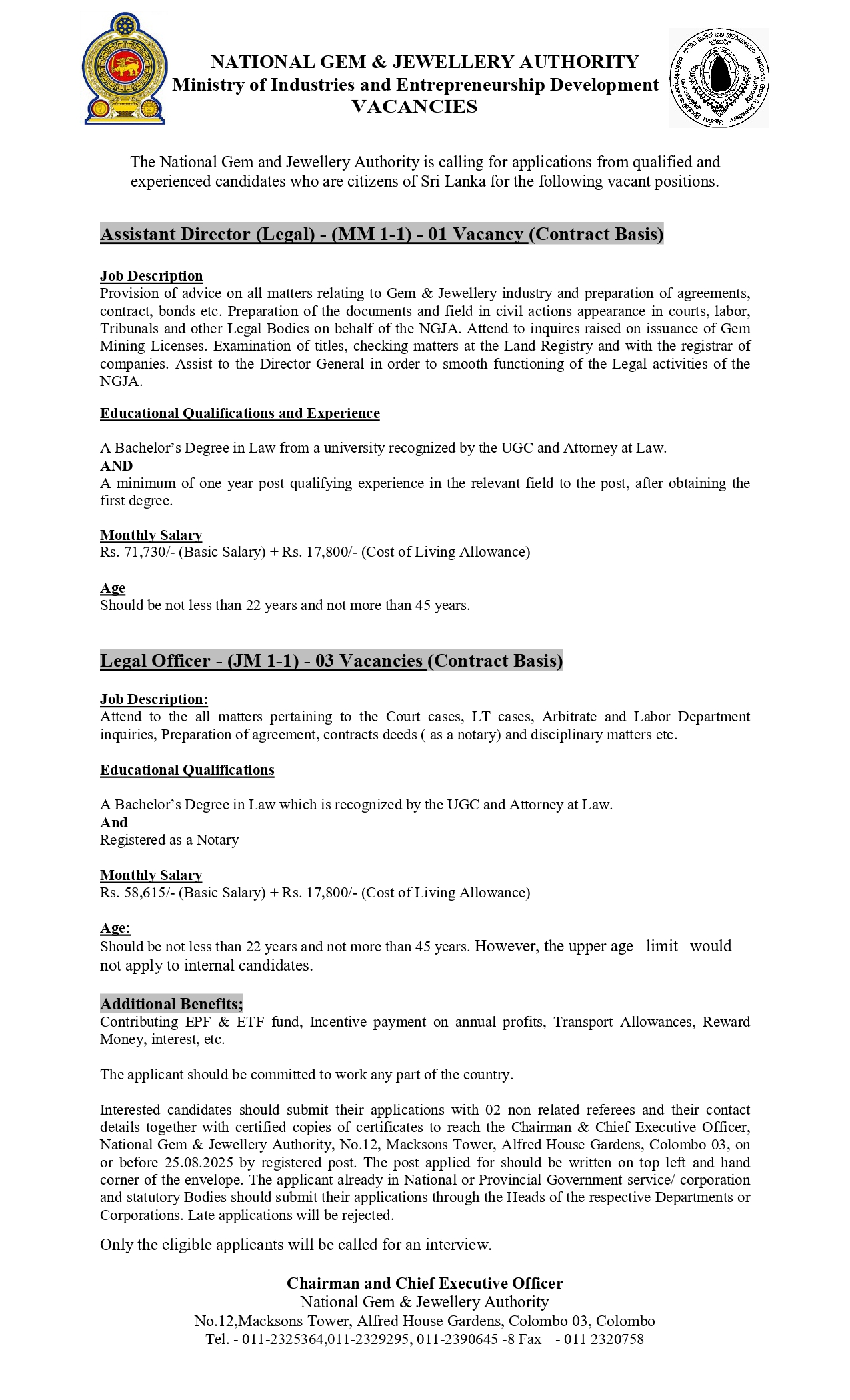 Assistant Director (Legal), Legal Officer - National Gem & Jewellery Authority