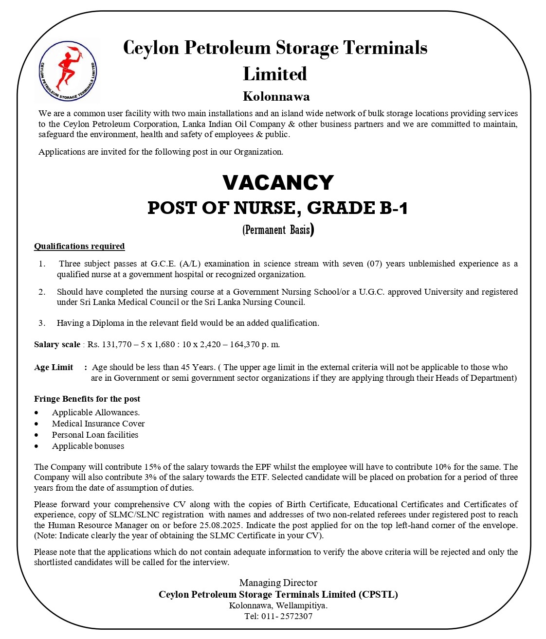 Nurse, Mooring Master - Ceylon Petroleum Storage Terminals Limited