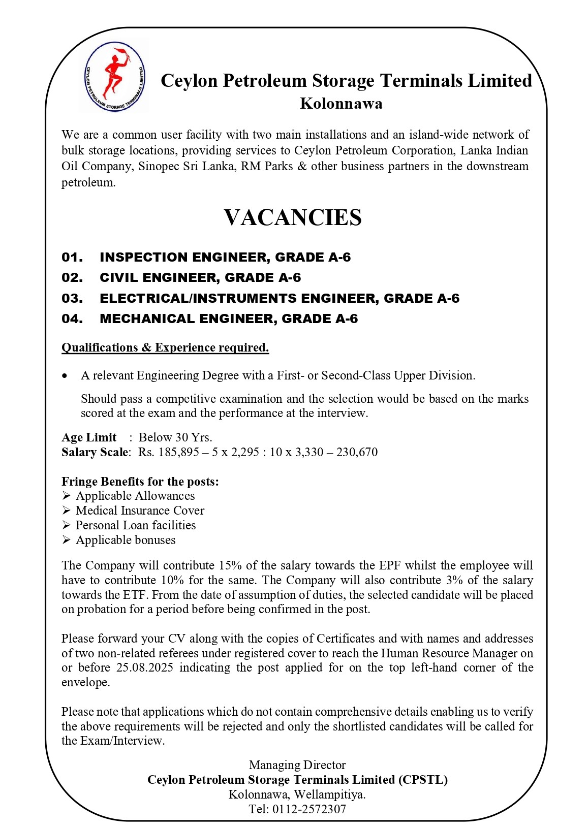 Inspection Engineer, Civil Engineer, Electrical/Instruments Engineer, Mechanical Engineer - Ceylon Petroleum Storage Terminals Limited