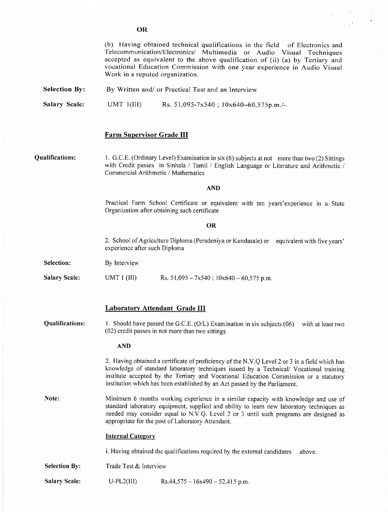 Management Assistant, Works Superintendent, Audit Assistant, Library Information Assistant, Technical Officer, Farm Supervisor, Laboratory Attendant, Works Aide, Driver, Fitter - Uva Wellassa University