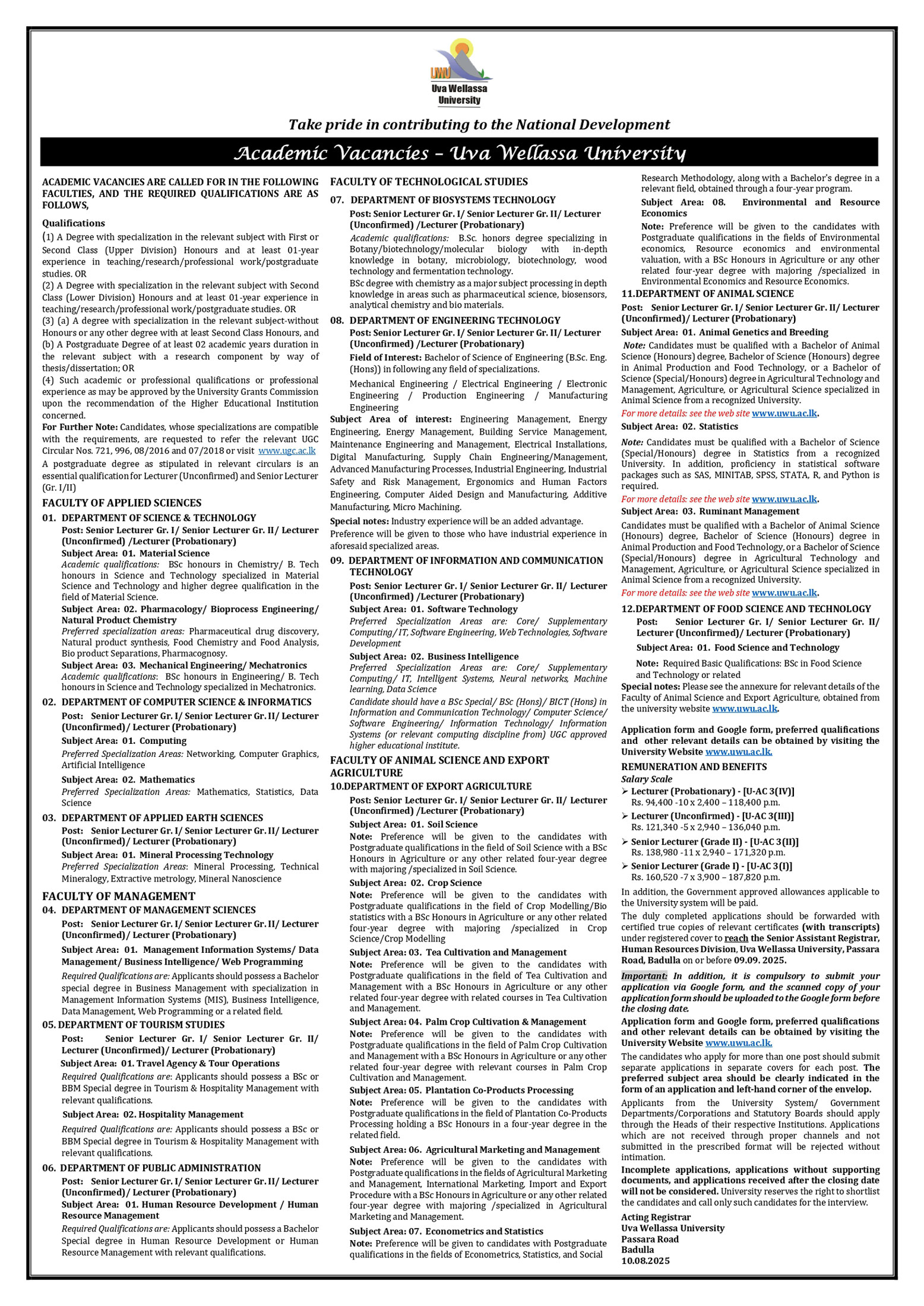 Lecturer, Senior Lecturer - Uva Wellassa University