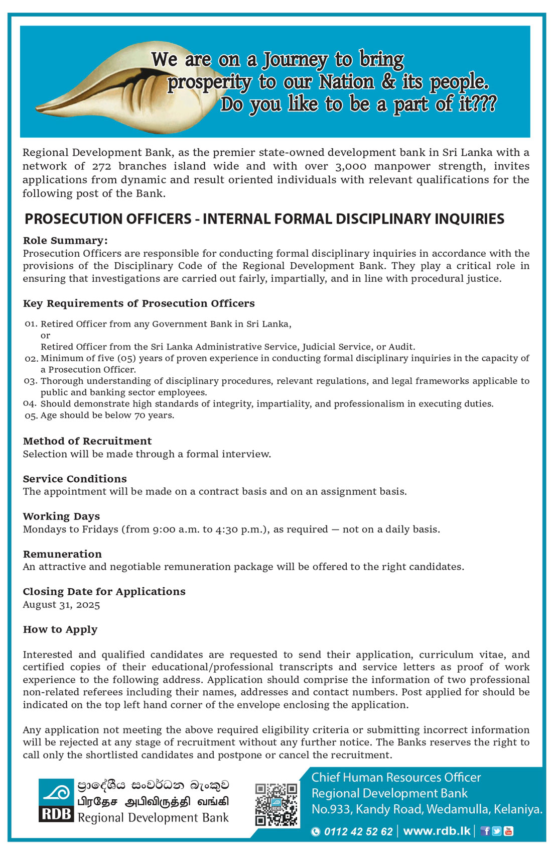 Inquiry Officer, Prosecution Officer - Regional Development Bank