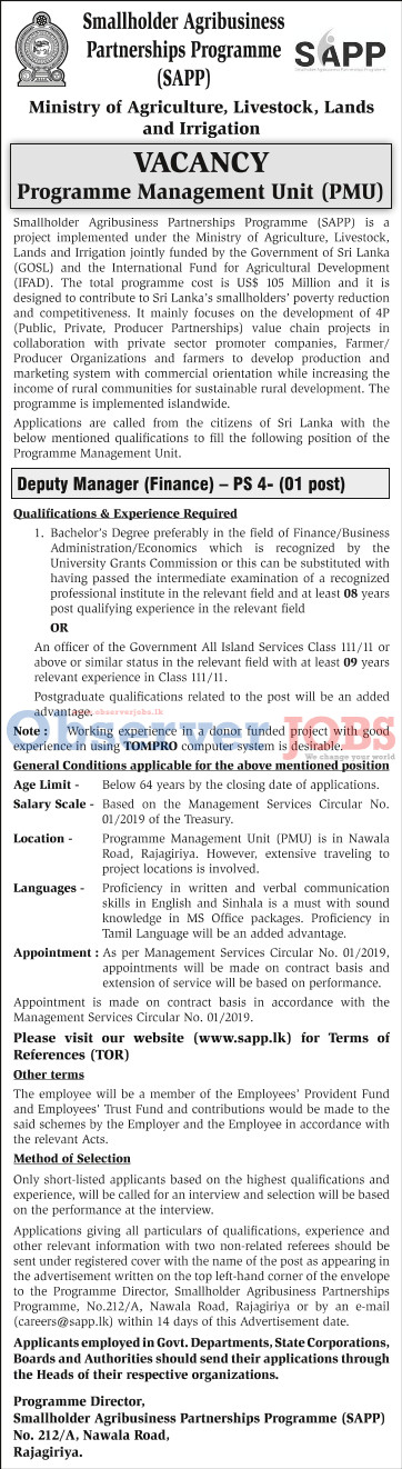 Deputy Manager (Finance) - Smallholder Agribusiness Partnerships Programme - Ministry of Agriculture, Livestock, Lands & Irrigation