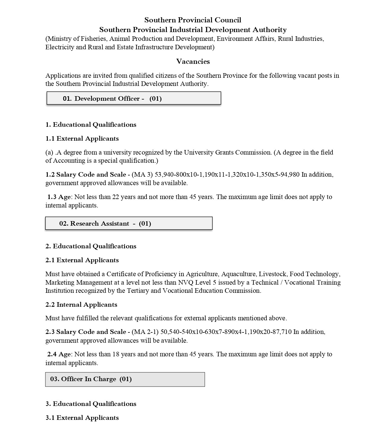 Development Officer, Research Assistant, Officer in Charge - Southern Provincial Industrial Development Authority