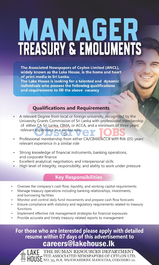 Manager (Treasury & Emoluments, Management Accounts & Tax, Human Resources Development, Marketing) - The Associated Newspapers of Ceylon Limited
