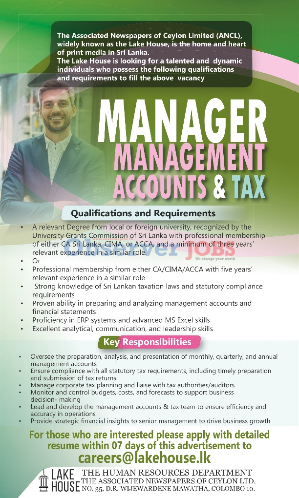 Manager (Treasury & Emoluments, Management Accounts & Tax, Human Resources Development, Marketing) - The Associated Newspapers of Ceylon Limited