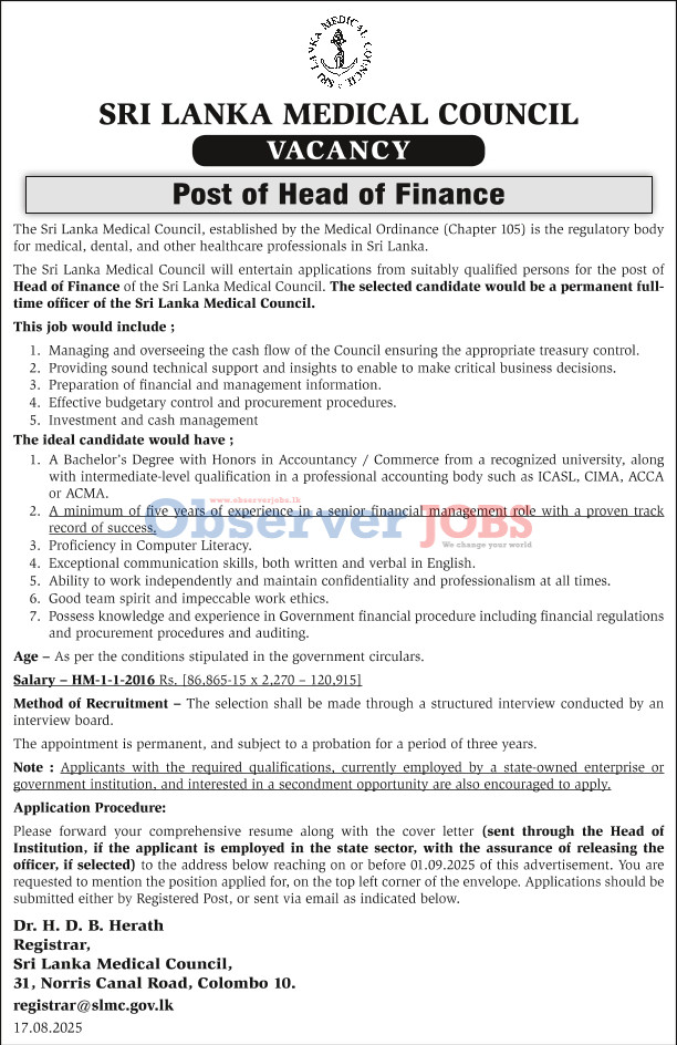 Head of Finance - Sri Lanka Medical Council