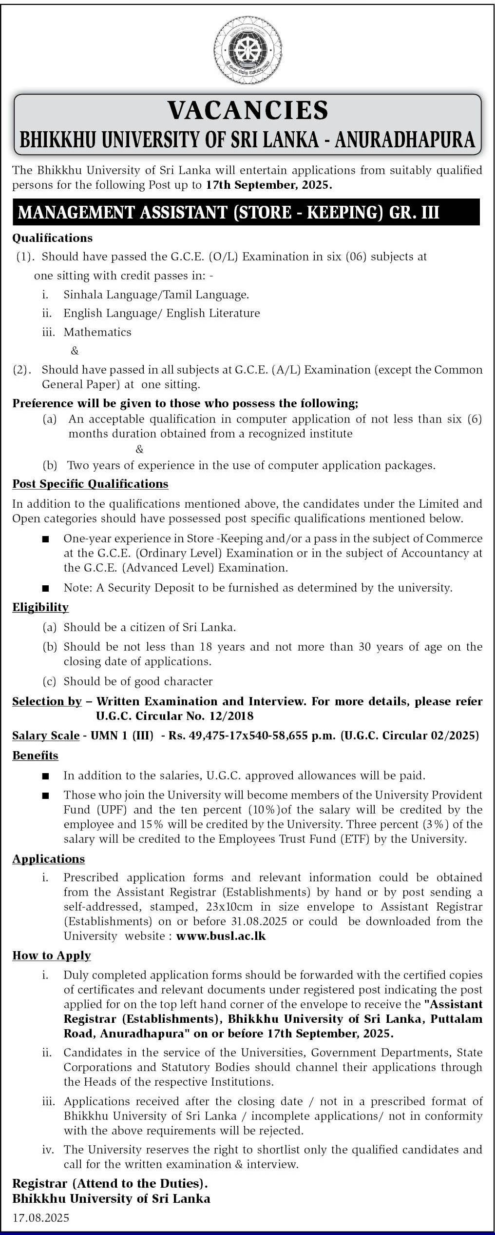 Management Assistant (Store Keeping) - Bhiksu University of Sri Lanka