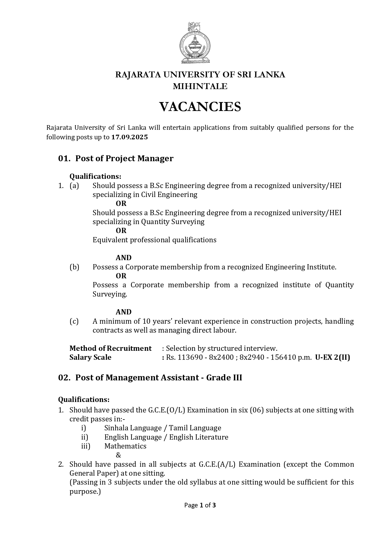 Management Assistant, Project Manager, Assistant Farm Manager, Works Aide, Health Services Labourer - Rajarata University of Sri Lanka