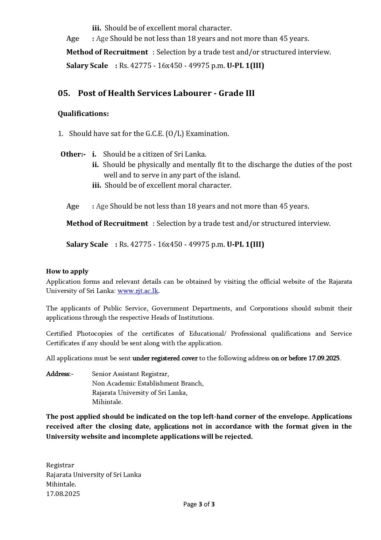 Management Assistant, Project Manager, Assistant Farm Manager, Works Aide, Health Services Labourer - Rajarata University of Sri Lanka