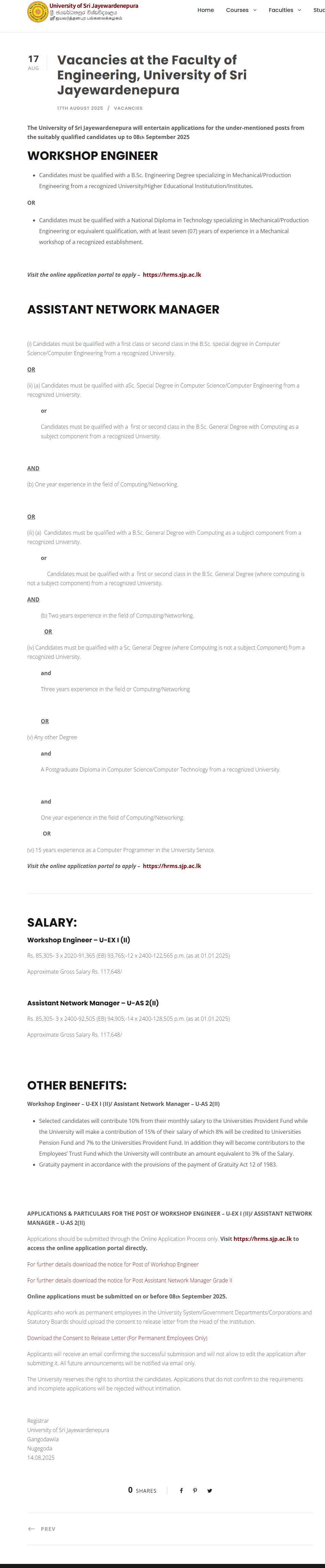 Workshop Engineer, Assistant Network Manager - University of Sri Jayewardenepura