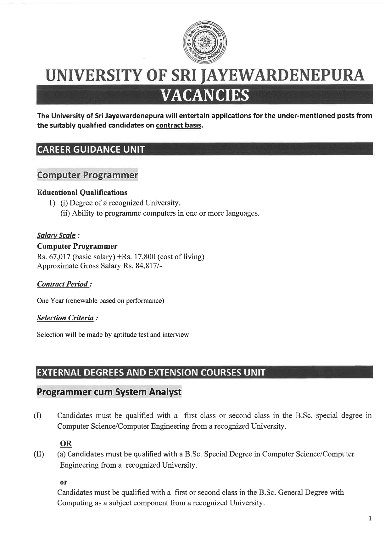 Computer Programmer, Programmer/System Analyst - University of Sri Jayewardenepura