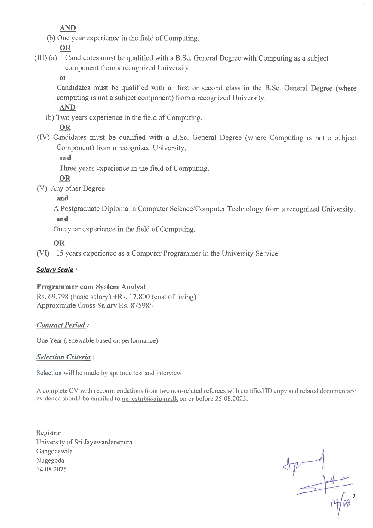 Computer Programmer, Programmer/System Analyst - University of Sri Jayewardenepura