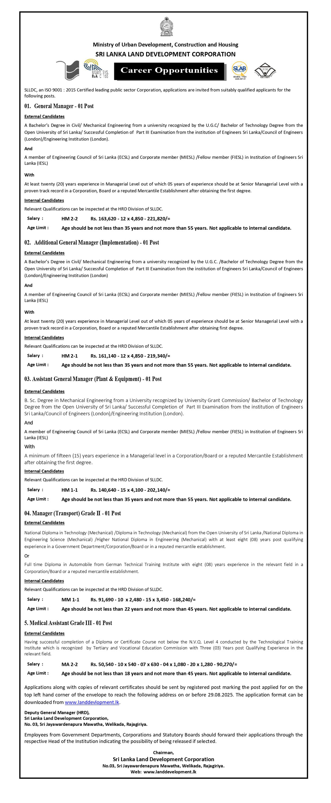 General Manager, Additional General Manager, Assistant General Manager, Manager, Medical Assistant - Sri Lanka Land Development Corporation