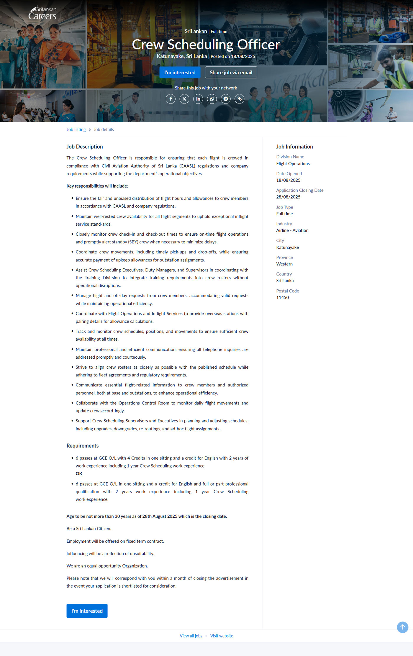 Crew Scheduling Officer - Sri Lankan Airlines Limited