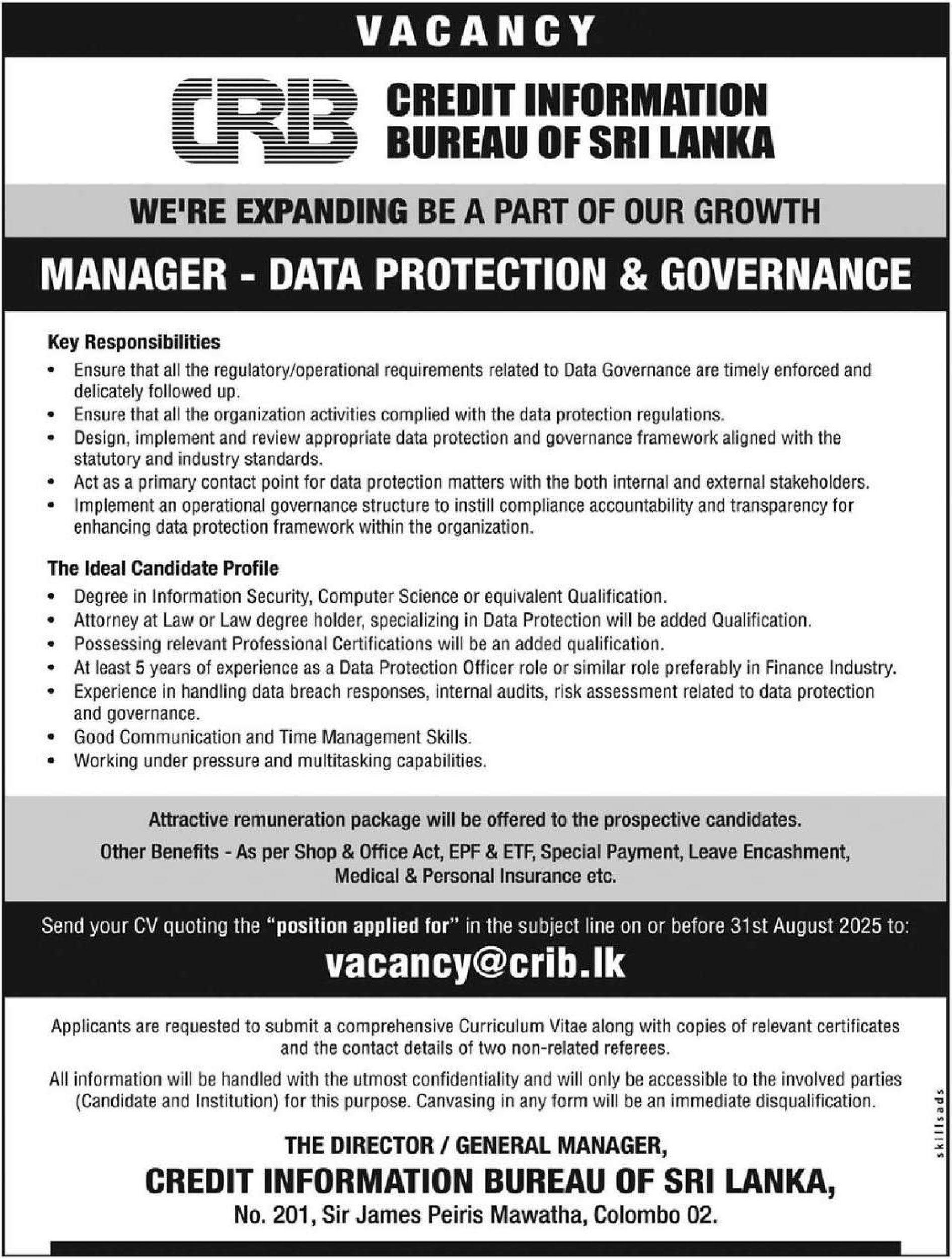 Manager - Credit Information Bureau of Sri Lanka