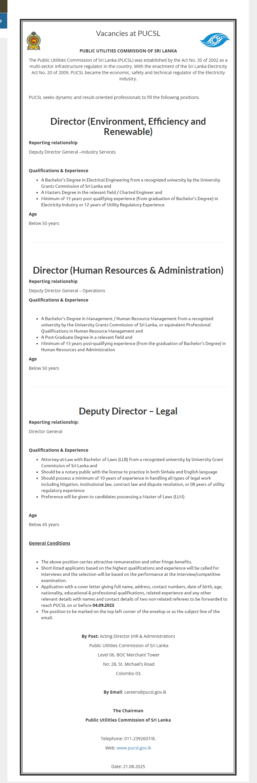 Director, Deputy Director - Public Utilities Commission of Sri Lanka