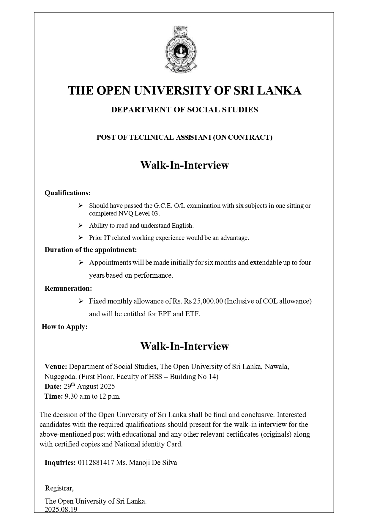 Technical Assistant, Operation Assistant, Temporary Demonstrator - The Open University of Sri Lanka