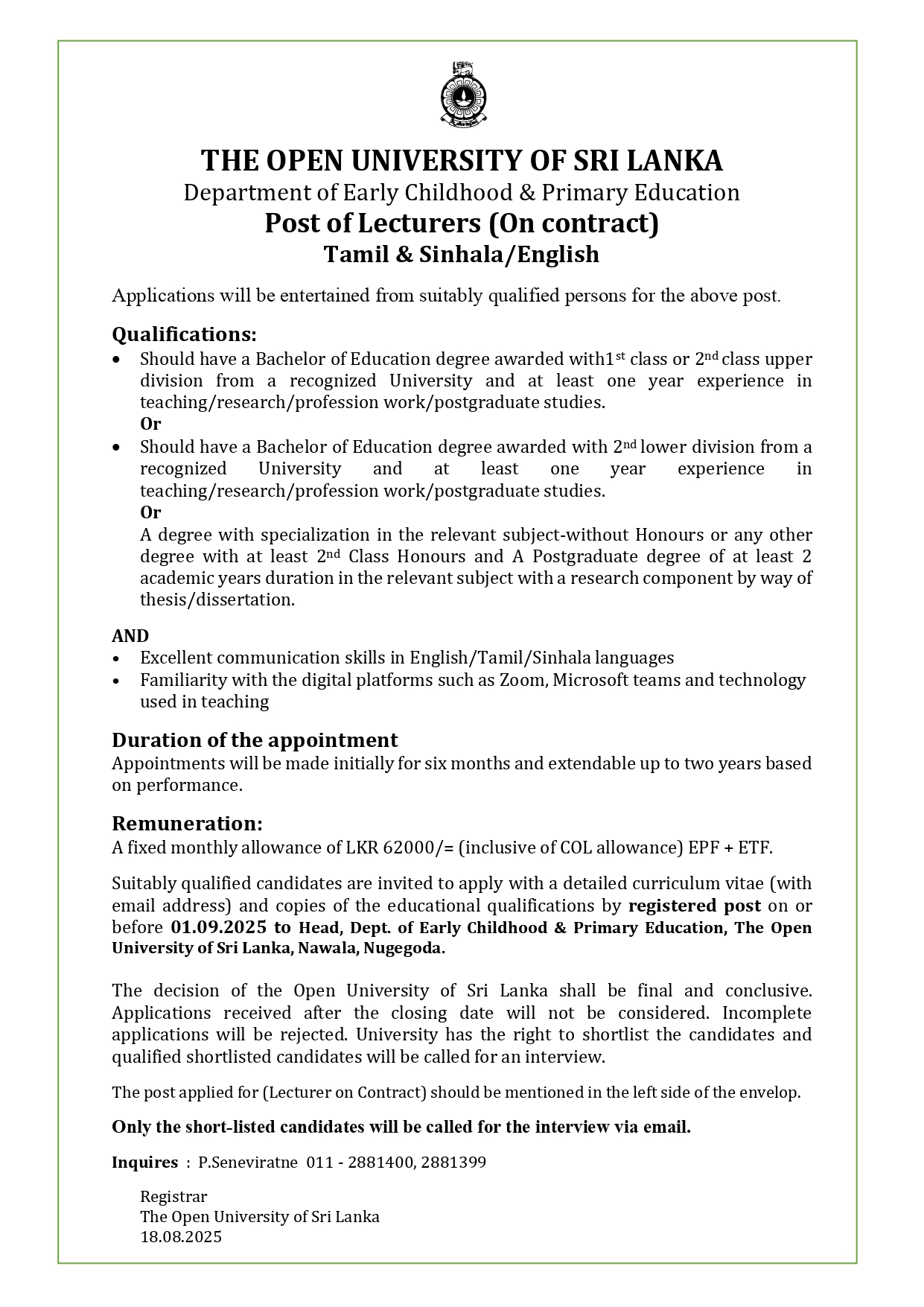 Lecturer - The Open University of Sri Lanka