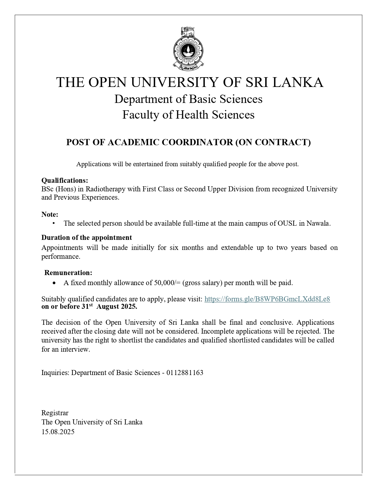 Academic Coordinator, Lecturer - The Open University of Sri Lanka