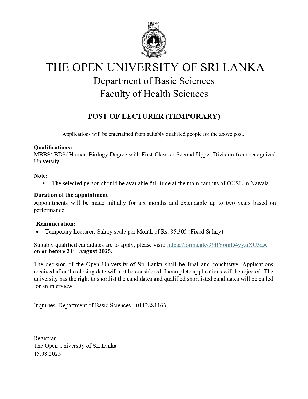 Academic Coordinator, Lecturer - The Open University of Sri Lanka