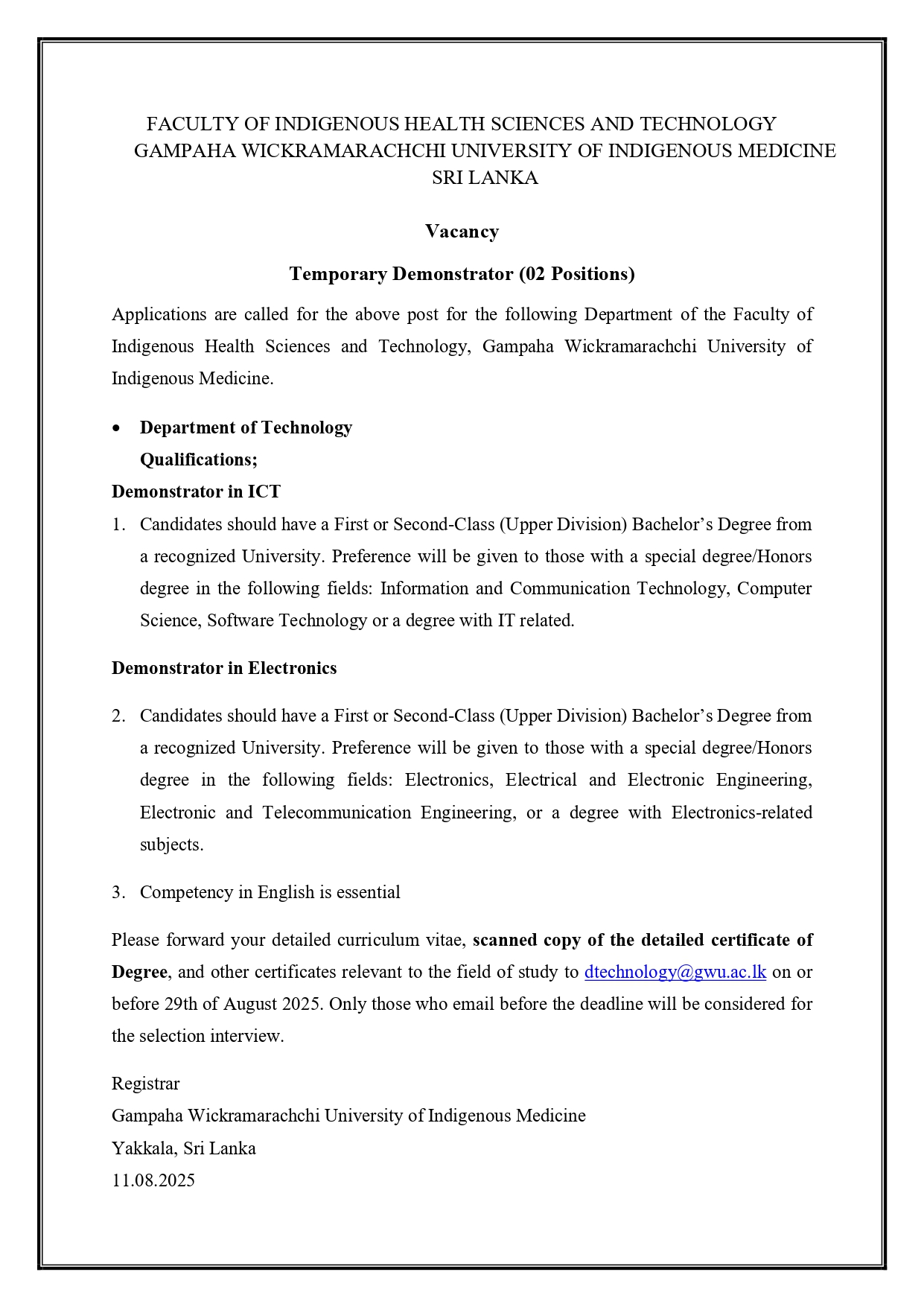 Technical Assistant, Operation Assistant, Temporary Demonstrator - The Open University of Sri Lanka