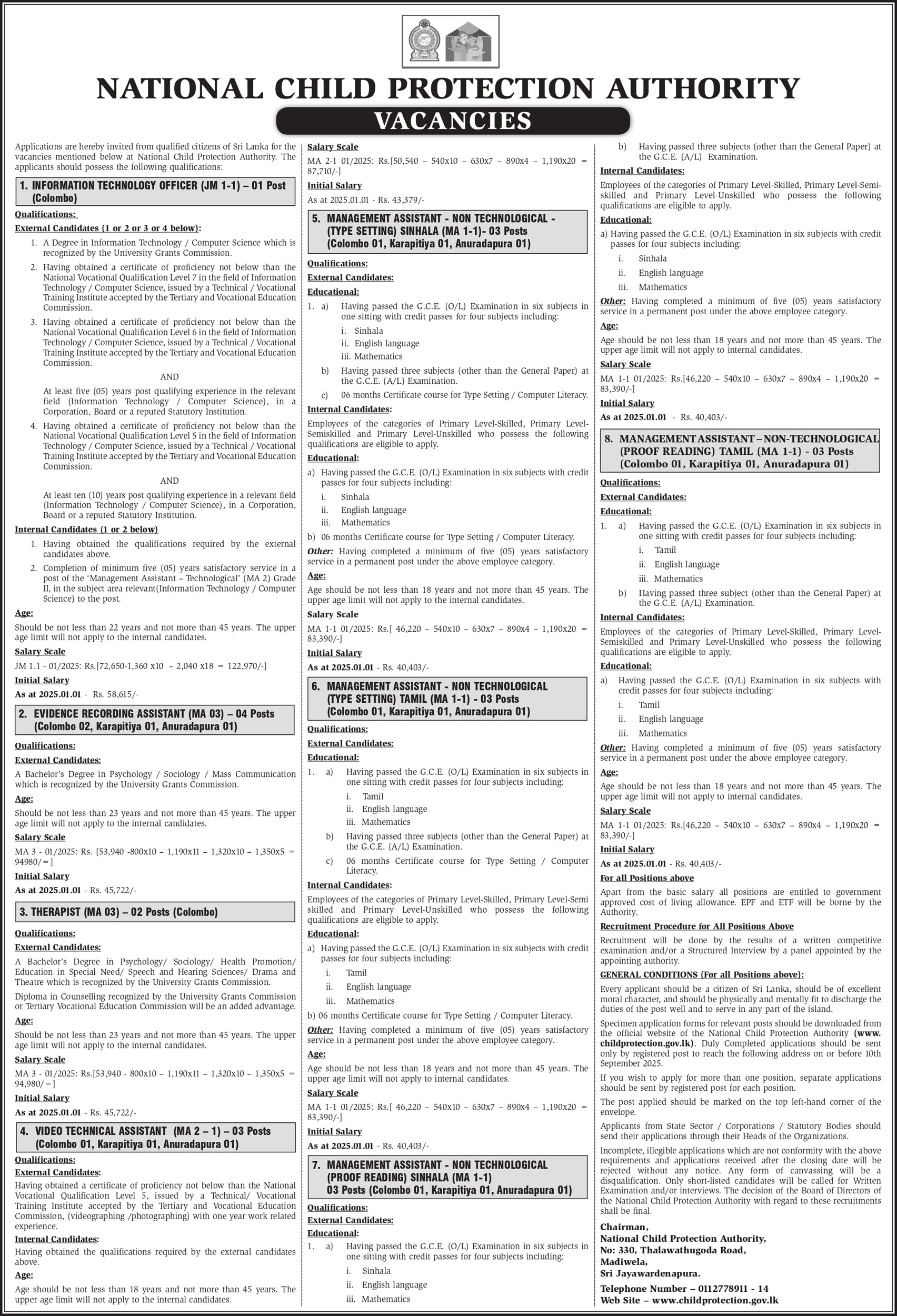  Management Assistant, Information Technology Officer, Evidence Recording Assistant, Therapist, Video Technical Assistant - National Child Protection Authority