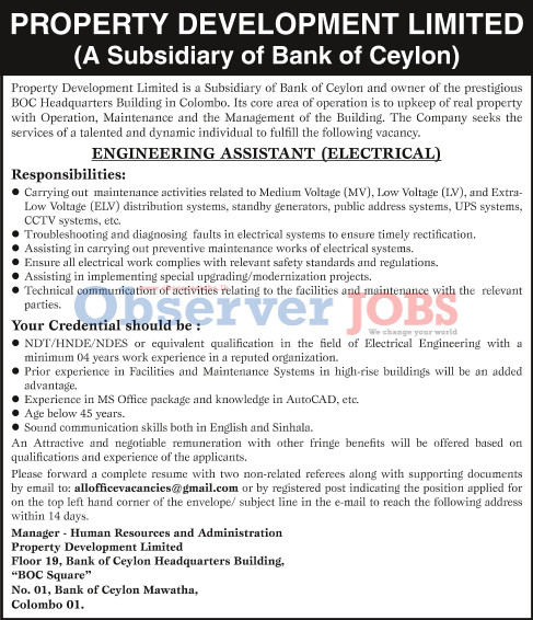 Engineering Assistant (Electrical) - Property Development Limited