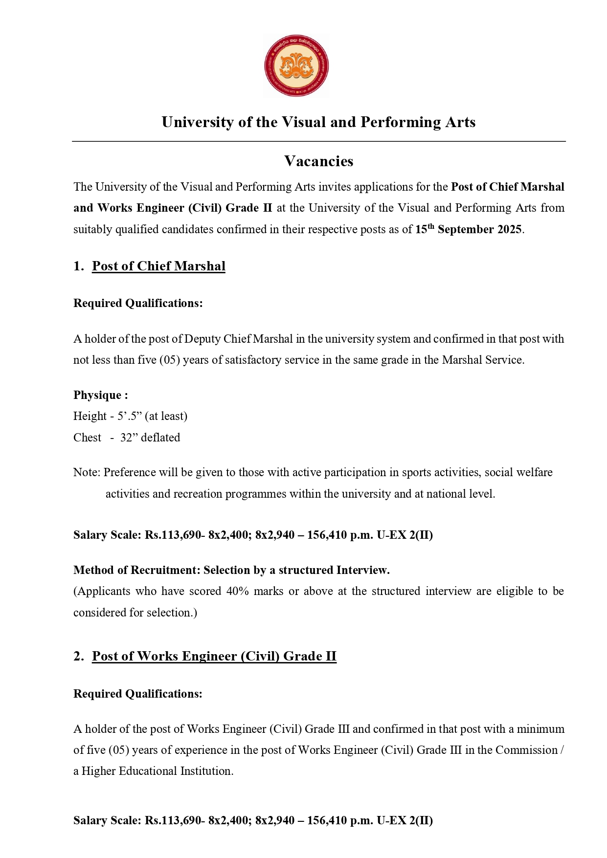Chief Marshal, Works Engineer (Civil) - University of the Visual & Performing Arts