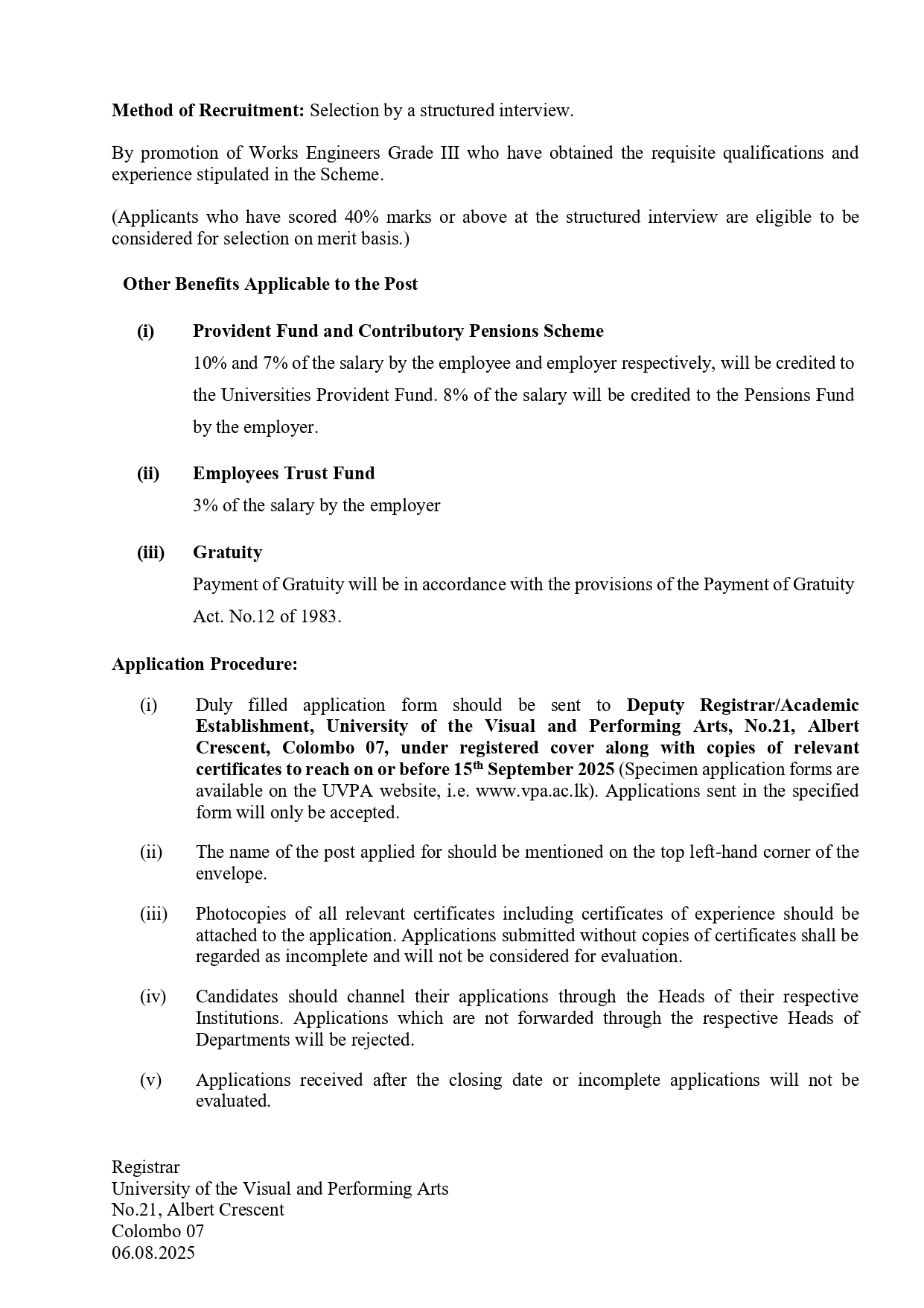 Chief Marshal, Works Engineer (Civil) - University of the Visual & Performing Arts