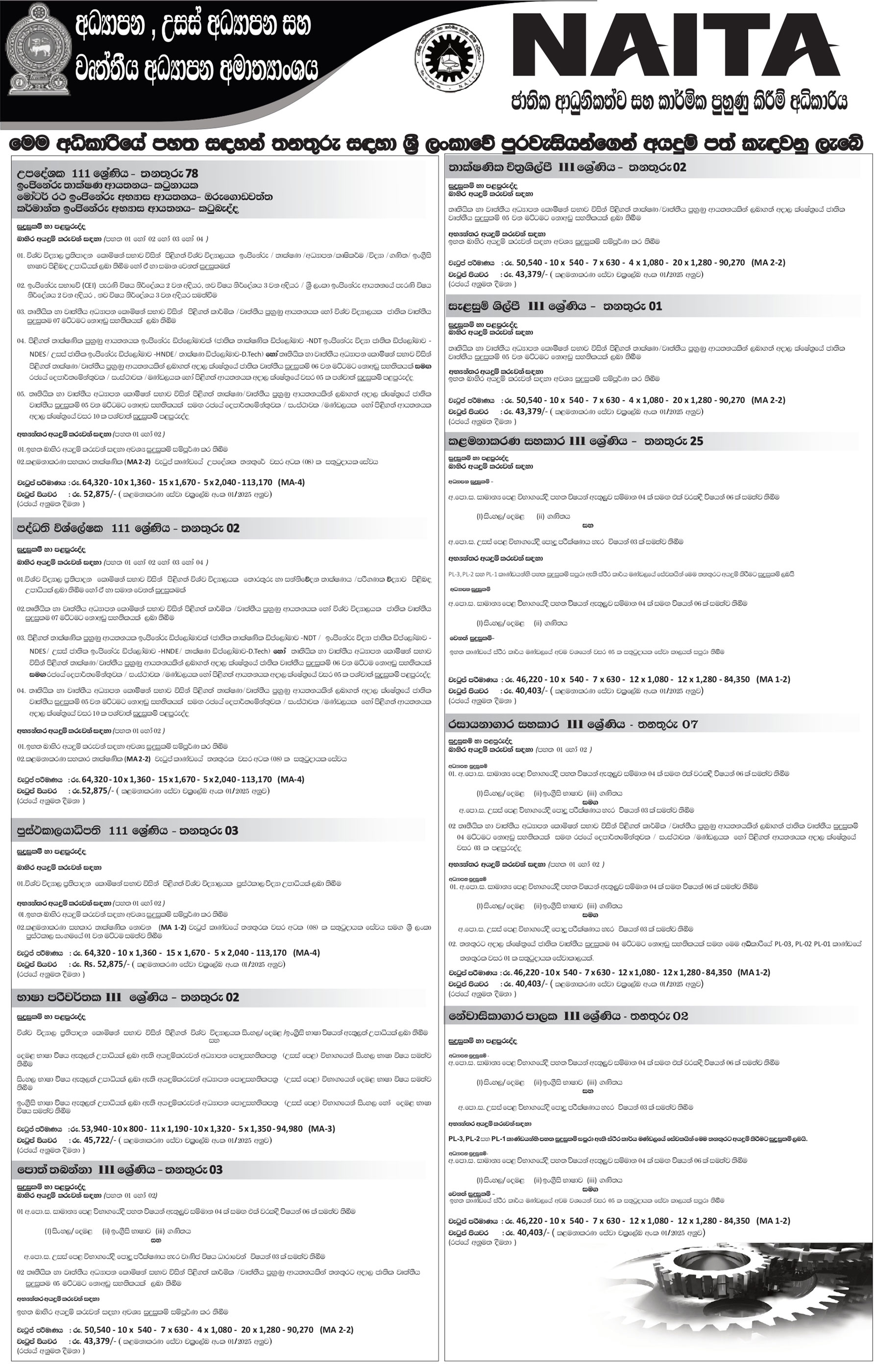 Management Assistant, Laboratory Assistant, Draughtsman, Book Keeper, Translator, Librarian, System Analyst, Instructor, System Administrator, Internal Audit Officer, Accounts Officer & more Vacancies - National Apprentice & Industrial Training Authority