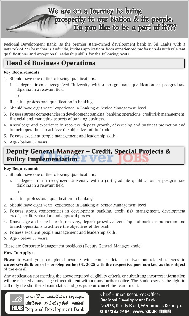 Head of Business Operations, Deputy General Manager - Regional Development Bank