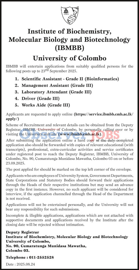 Management Assistant, Scientific Assistant, Laboratory Attendant, Driver, Works Aide - University of Colombo