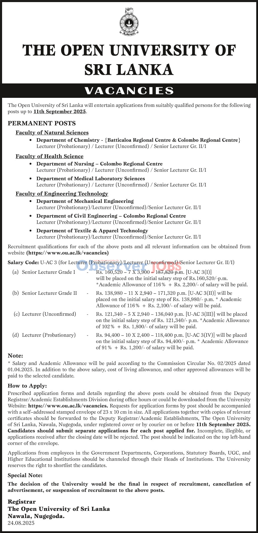 Lecturer, Senior Lecturer - The Open University of Sri Lanka