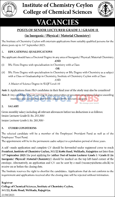Senior Lecturer - Institute of Chemistry Ceylon