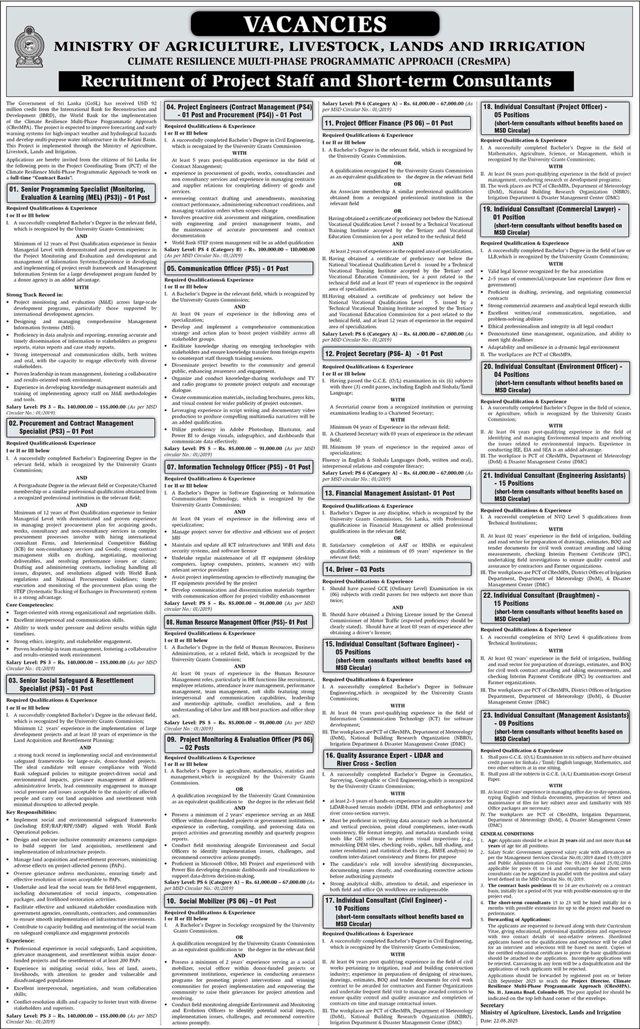 Programming Specialist, Social Safeguard Resettlement Specialist, Project Engineer, Communication Officer, Information Technology Officer, Human Resource Management Officer, Project Monitoring & Evaluation Officer, Project Officer, Project Secretary Driver & more Vacancies - Ministry of Agriculture, Livestock, Lands & Irrigation