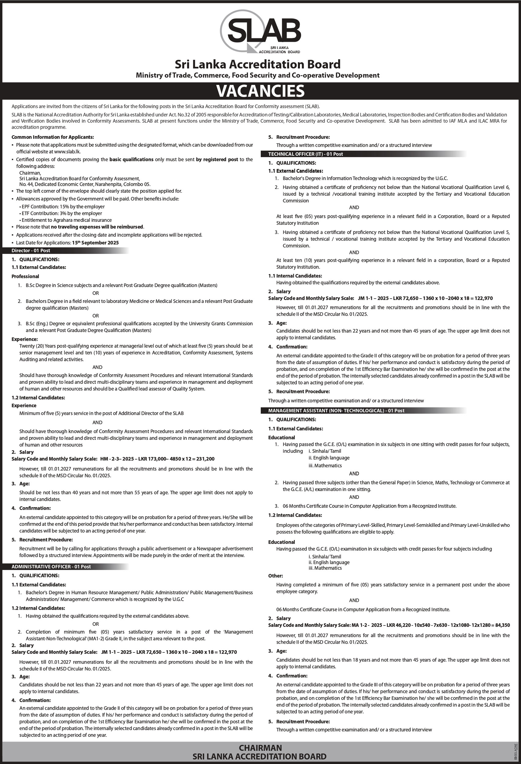 Management Assistant, Director, Administrative Officer, Technical Officer - Sri Lanka Accreditation Board