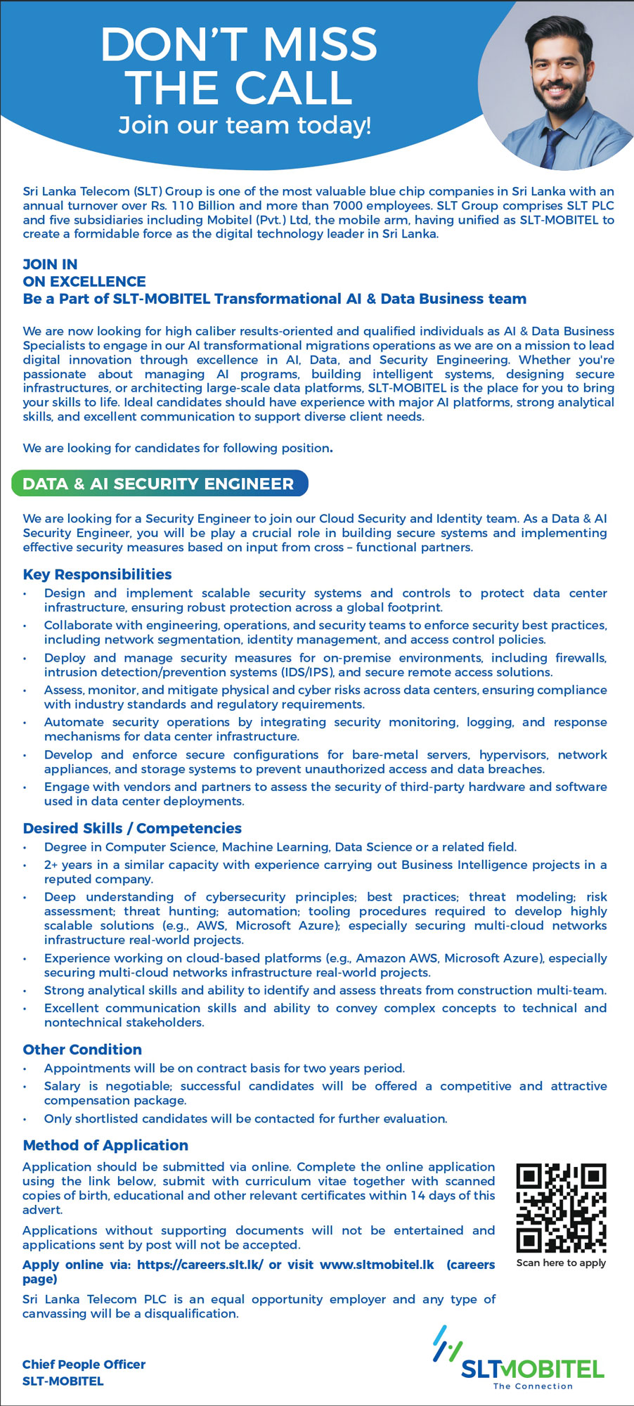 Data & AI Security Engineer, Software Engineer, Data Scientist, AI/Machine Learning Engineer, AI Solution Architect - SLTMobitel